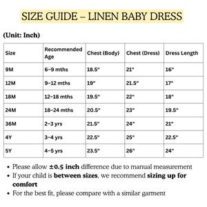 May include: Size guide for a linen baby dress, with measurements in inches. Includes chest and dress length measurements for sizes 9 months to 5 years. The text also includes a note about sizing up for comfort.