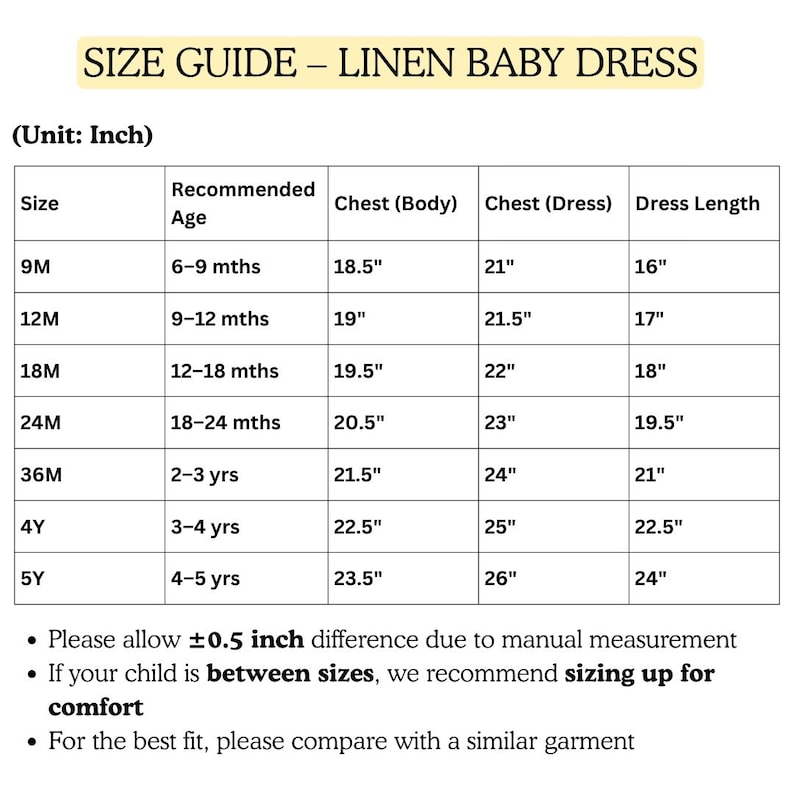 May include: Size guide for a linen baby dress, with measurements in inches. Includes chest and dress length measurements for sizes 9 months to 5 years. The text also includes a note about sizing up for comfort.
