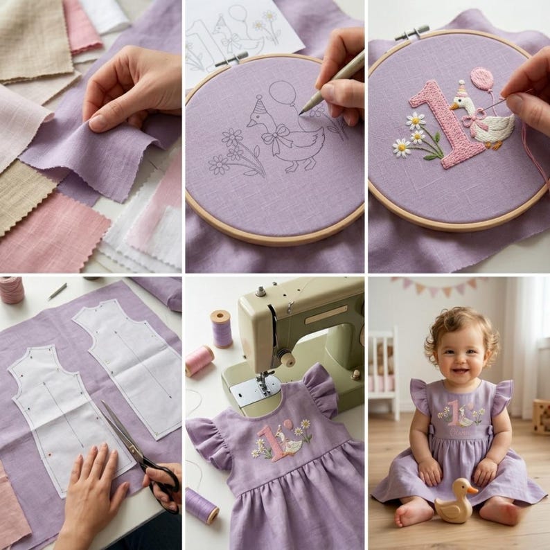May include: A series of images showing the creation of a lilac-colored linen dress with embroidered details. The embroidery features a number 1, a goose, and floral elements. The process includes fabric selection, pattern cutting, and sewing.