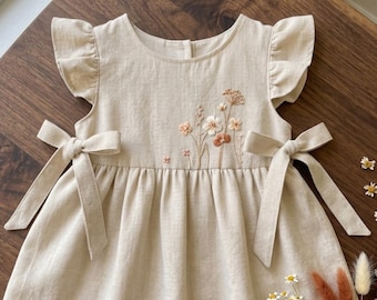 Wildflower Garden Hand Embroidered Toddler Dress - Personalized 1st Birthday Soft Linen Outfit