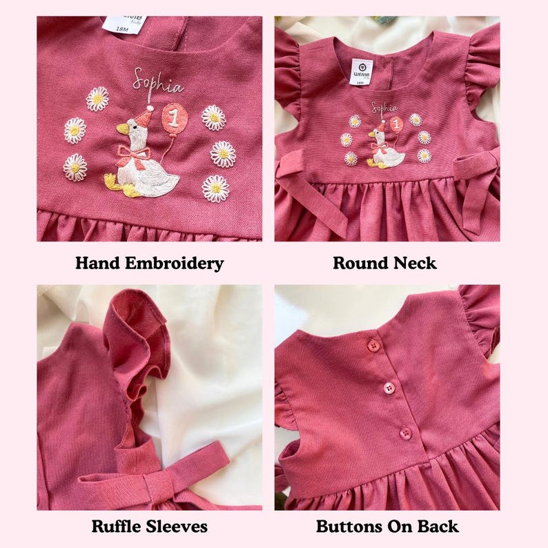 May include: A dusty rose-colored dress with hand embroidery, ruffle sleeves, and a round neck. The dress features a whimsical embroidered goose holding a balloon with the number 1, surrounded by daisy flowers. Buttons are on the back.