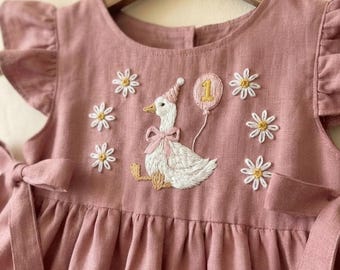 One Silly Goose Outfit Baby Girl, One Silly Goose Birthday Dress, Custom Hand Embroidered First Birthday Dress