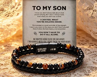 To My Son Tiger Eye Leather Bracelet, Custom Engraved Magnetic Clasp Men's Gift