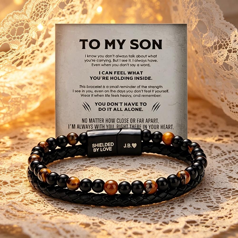 To My Son Tiger Eye Leather Bracelet, Custom Engraved Magnetic