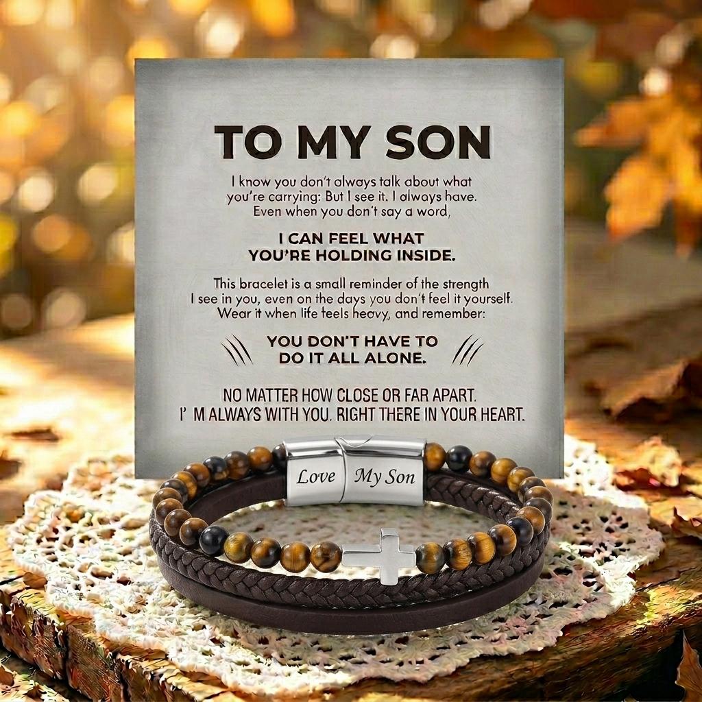 To My Son Custom Engraved Bracelet Gold Silver Black Cross Natural Stone Leather Magnetic Gift for Him