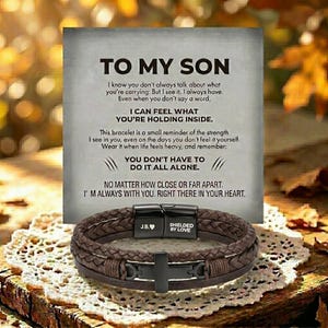 to my son cross multi-strand leather personalized engraved bracelet