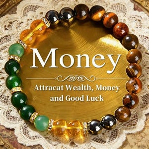 May include: A beaded bracelet with a variety of gemstone beads in shades of green, yellow, brown, and black. The word "Money" is displayed in large white letters, with the text "Attract Wealth, Money and Good Luck" below.