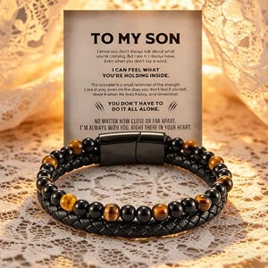 To My Son Tiger Eye Leather Bracelet, Magnetic Clap "Love You Forever" Men's Gift