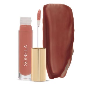 May include: A tube of Sonela liquid lipstick in a warm, reddish-brown shade. The clear tube has the brand name printed on it. The gold cap is unscrewed, revealing the applicator wand and a swatch of the lipstick.