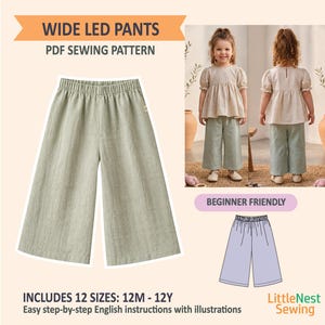 May include: A PDF sewing pattern for wide-leg trousers. The image shows a pair of light green trousers, a child wearing the trousers, and a line drawing of the trousers. The text includes "WIDE LED PANTS PDF SEWING PATTERN" and "BEGINNER FRIENDLY".