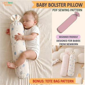 Puede incluir: Un patrón de costura en PDF para una almohada de bebé tipo rulo con forma cilíndrica y extremos fruncidos. El patrón incluye instrucciones para una almohada rosa sólida y una crema con estampado de animales azul. Incluye un patrón de bolso extra.