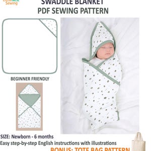 Puede incluir: Un patrón de costura en PDF para manta de arrullo de LittleNest Sewing. El diseño presenta tela blanca con estampado de bellotas verdes, capucha verde y ribete verde. Incluye guía para principiantes para recién nacidos hasta 6 meses y patrón de bolso extra.