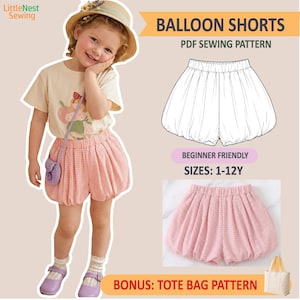 May include: A PDF sewing pattern for balloon shorts with an elastic waistband, featuring a line drawing and a photograph of the finished pink gingham shorts. The text includes LittleNest Sewing, BALLOON SHORTS, BEGINNER FRIENDLY, SIZES: 1-12Y, and BONUS: TOTE BAG PATTERN.