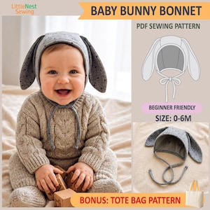 Puede incluir: Un patrón de costura en PDF para un gorro de bebé con forma de conejo, orejas largas y tela de lunares. Incluye instrucciones para tallas de 0 a 6 meses y un patrón adicional para un bolso, con cintas para atar bajo la barbilla.