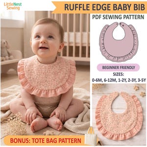 Può includere: Un cartamodello PDF per bavaglino con bordo a volant, realizzato in tessuto a stampa floreale con un bordo a volant rosa a tinta unita. Il modello include le taglie 0-6M, 6-12M, 1-2Y, 2-3Y e 3-5Y. È incluso un modello bonus per una borsa.