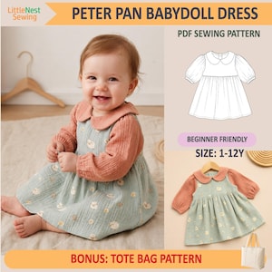 May include: A PDF sewing pattern for a Peter Pan babydoll dress with a bonus tote bag pattern. The dress features long, textured peach-coloured sleeves, a rounded Peter Pan collar, and a light green skirt with a small white sheep print pattern.