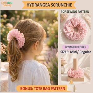 May include: A light pink ruffled hydrangea scrunchie shown in a PDF sewing pattern advertisement. The image includes text reading HYDRANGEA SCRUNCHIE, PDF SEWING PATTERN, BEGINNER FRIENDLY, SIZES: Mini/ Regular, and BONUS: TOTE BAG PATTERN.