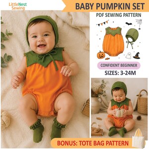 Puede incluir: Un patrón de costura en PDF para un conjunto de calabaza para bebé que incluye un mameluco naranja con cuello verde y un gorro verde a juego. El set incluye instrucciones para tallas de 3-24M, nivel principiante y un patrón adicional para una bolsa de tela.