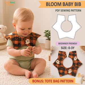 May include: A PDF sewing pattern for a star-shaped baby bib titled Bloom Baby Bib, featuring a black and orange plaid fabric with ghost and pumpkin prints. The pattern includes a bonus tote bag pattern and is sized for ages 0 to 3 years.