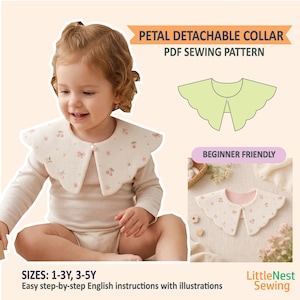 May include: A child wearing a petal-shaped detachable collar with a cherry pattern. The image includes text that reads "PETAL DETACHABLE COLLAR PDF SEWING PATTERN" and "BEGINNER FRIENDLY". Sizes are listed as 1-3Y and 3-5Y.