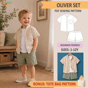 May include: A PDF sewing pattern for the Oliver Set, featuring a short-sleeved button-down shirt and shorts. The set includes a white t-shirt, a beige button-down shirt, and olive green shorts. The pattern is for sizes 1-12Y and includes a tote bag pattern.
