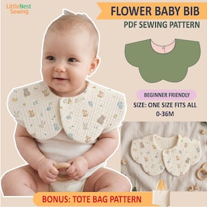 May include: A flower-shaped baby bib PDF sewing pattern featuring a cream-colored fabric with a repeating pattern of small brown bears, foxes, and blue elephants. The text includes FLOWER BABY BIB PDF SEWING PATTERN, BEGINNER FRIENDLY, SIZE: ONE SIZE FITS ALL 0-36M, and BONUS: TOTE BAG PATTERN.