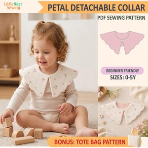 May include: A PDF sewing pattern for a petal detachable collar with a scalloped edge, featuring a cream-coloured fabric with a small cherry print and a single pearl-like button closure. The pattern includes sizes 0-5Y and a bonus tote bag pattern.