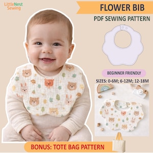 Può includere: Un cartamodello PDF per una bavaglino per neonati a forma di fiore, in tessuto color crema con un motivo ripetuto di orsi marroni, conigli e alberi verdi. Il modello include le taglie 0-6M, 6-12M, 12-18M e un modello bonus per borsa.