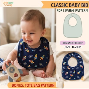 Puede incluir: Un patrón de costura PDF para babero de bebé clásico en tela azul oscuro con estampado colorido de cohetes y galaxias. El diseño incluye cierre de broche, talla 0-24M y un patrón adicional para bolsa de tela. Texto incluye LittleNest Sewing.