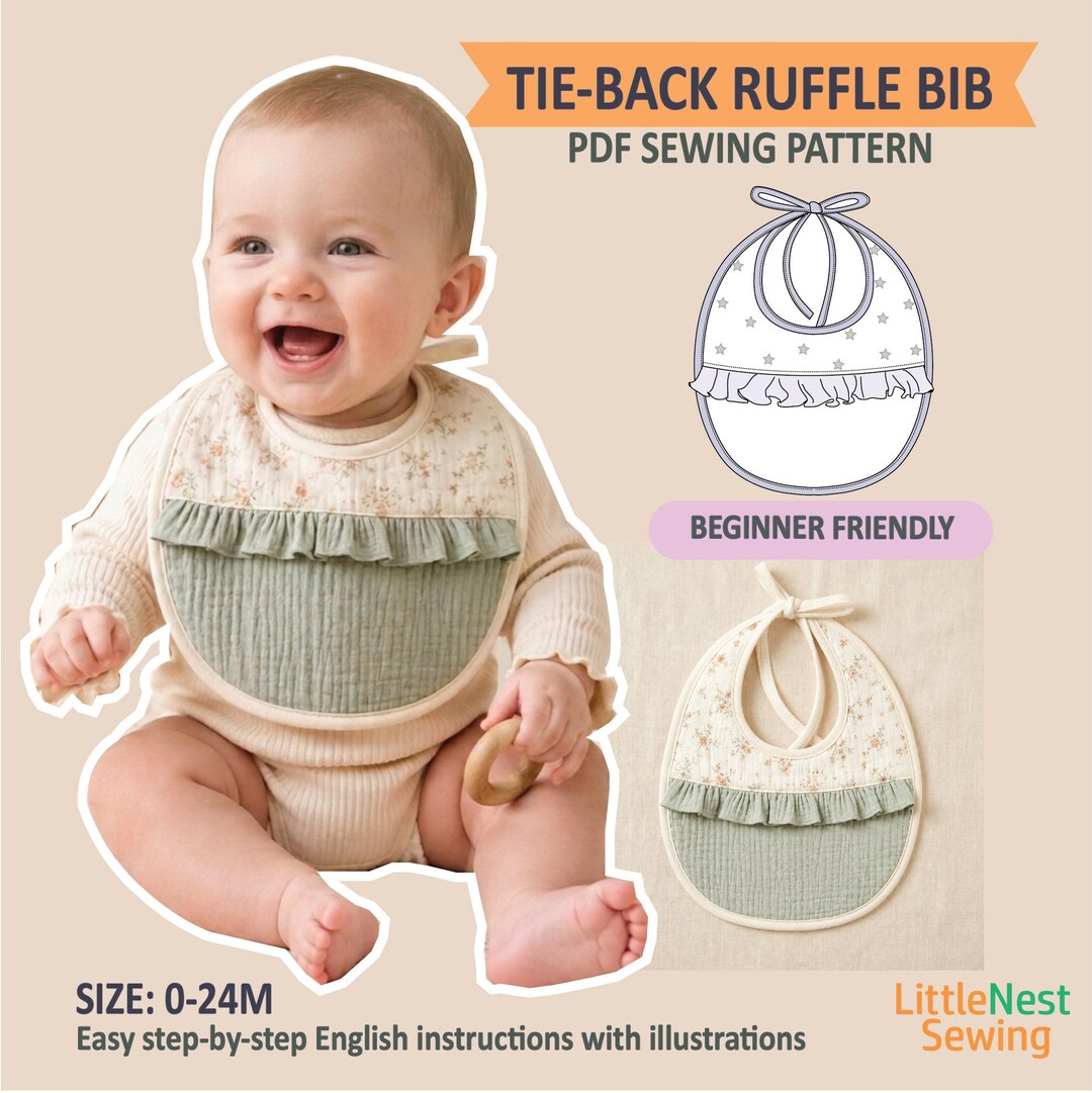 Tie Back Baby Bib Sewing Pattern PDF, Ruffle Bib Pattern, Round Baby ...