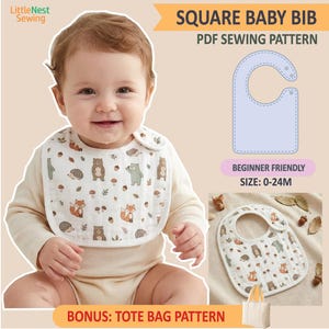 May include: A square baby bib PDF sewing pattern featuring a white fabric with a repeating woodland animal print including bears, foxes, hedgehogs, and mushrooms. The pattern includes a bonus tote bag pattern, beginner friendly, size 0-24M.