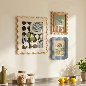 Wavy Scalloped Decorative Picture Frames, Soft Neutral & Muted Blue Frames, Unique Frames For Kitchen Dining Room Gallery Wall And Tabletop