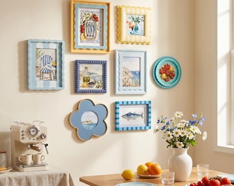 Set di cornici portafoto multiformato a tema costiero, cornice smerlata/a righe, cornice da parete per galleria d'arte per cucina mediterranea, decorazioni per la casa, 4x4 4x6 5x7
