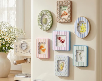 Magnetische minikoelkastframes met gestreepte bloemen, pastelkleurige golvende kleine fotolijstjesset, 2,5 x 3 3 x 3 muur- en tafelbladlijst voor cottagecore-keukendecor