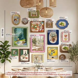 May include: A collection of various decorative wall frames labeled Style A through P, featuring diverse shapes, colors, and textures. The display includes rectangular, oval, and scalloped frames with visible image size labels in inches, arranged on a wall.