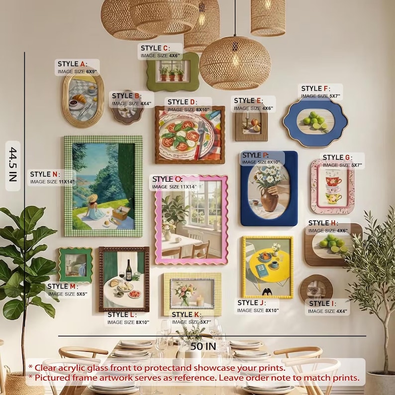May include: A collection of various decorative wall frames labeled Style A through P, featuring diverse shapes, colors, and textures. The display includes rectangular, oval, and scalloped frames with visible image size labels in inches, arranged on a wall.