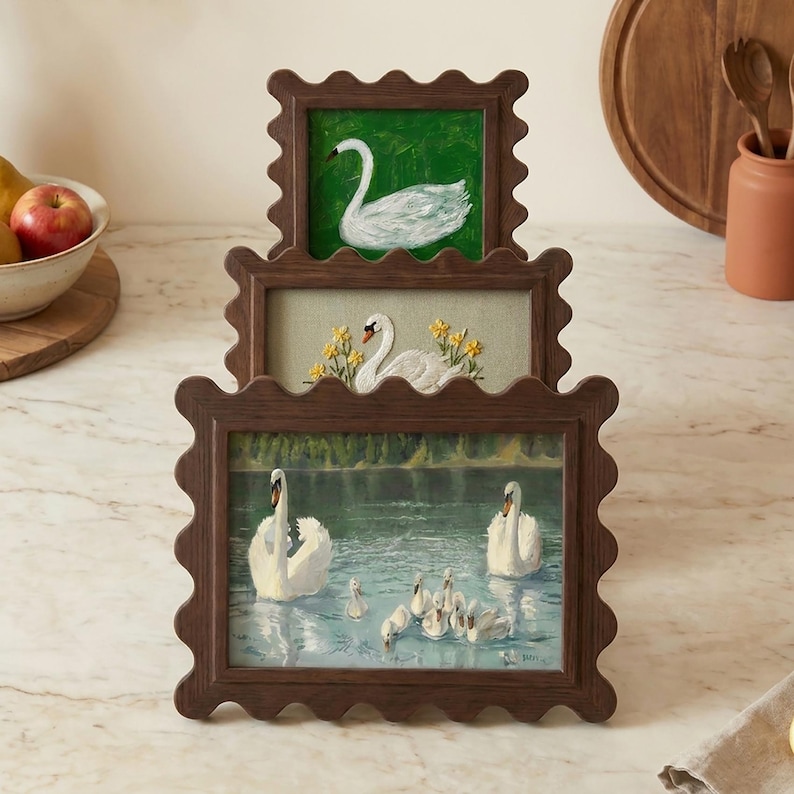 Vintage Dark Wood Picture Frame Set, Scalloped Wavy Frame, Cottagecore Gallery Wall Decor, Minimalist Tabletop & Wall Home Decor,4x4 4x6 5x7 image 7