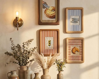 Set di cornici vintage per la parete della cucina, passepartout in tessuto a righe, cornice in legno, cornice retrò per un'accogliente decorazione da parete in stile rustico, 4×6 5×7