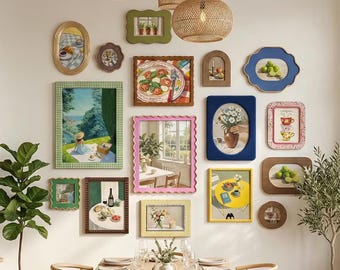 Marcos de pared festoneados de formas variadas, arte de pared ecléctico vintage enmarcado, exhibición decorativa de fotos, decoración colorida para el hogar estilo cabaña