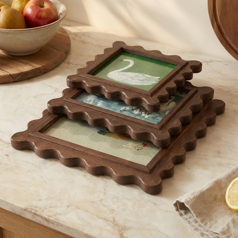 Vintage Dark Wood Picture Frame Set, Scalloped Wavy Frame, Cottagecore Gallery Wall Decor, Minimalist Tabletop & Wall Home Decor,4x4 4x6 5x7 image 6