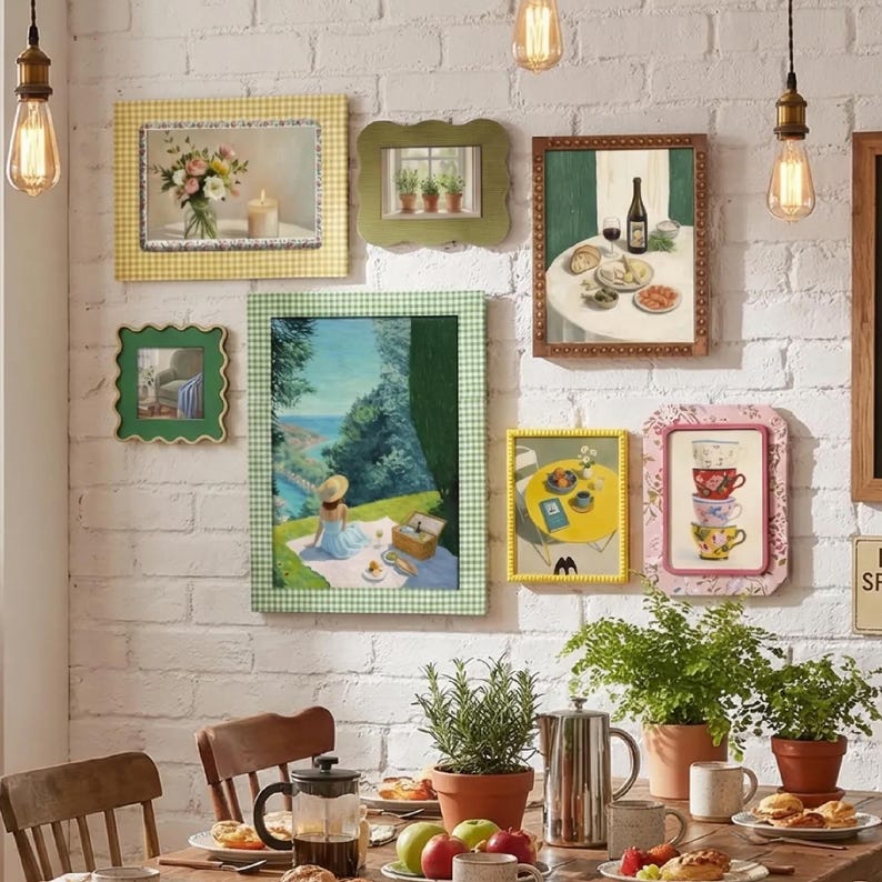 May include: A gallery wall arrangement featuring six framed art prints with diverse borders, including yellow gingham, scalloped green, and floral patterns, displayed above a dining table with a French press and potted plants.