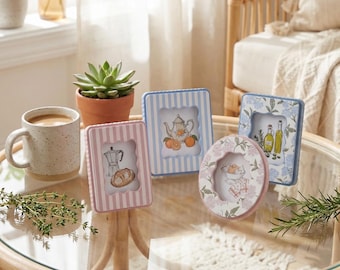 Pastelkleurige kleine magnetische koelkastfotolijstset, 2,5 x 3 3 x 3 bloemengestreepte minifotolijstjes voor aan de muur | Boerderij keuken woondecoratie tafelblad