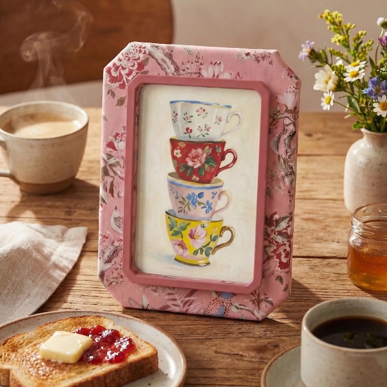 May include: A rectangular picture frame covered in pink fabric with a floral pattern, featuring an illustration of four stacked teacups in white, red, blue, and yellow with floral designs, set within a pink border on a light background.