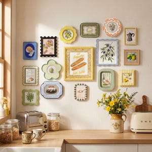 May include: A gallery wall arrangement of various decorative frames featuring food-themed illustrations, including a central print with the text Les Baguettes bien cuites, surrounded by smaller frames with images of fruit, bread, and coffee.