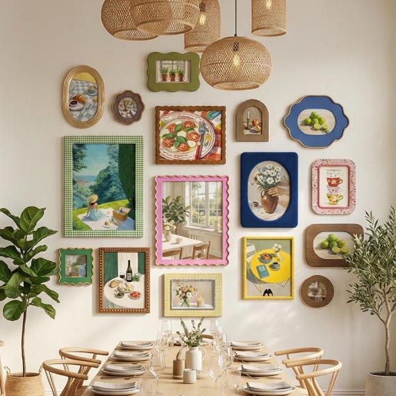 Eclectic Mixed Shape Picture Frame Gallery Wall Set, Colorful Maximalist Kitchen Collage Frame for Cottagecore Home Wall Decor, 4x6 5x7 8x10