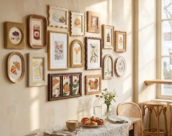 Neutral Vintage Gallery Wall Frame Set, Mixed Shape Beaded & Scalloped Picture Frames for Farmhouse Home Decor, Cottagecore Wall Art Display