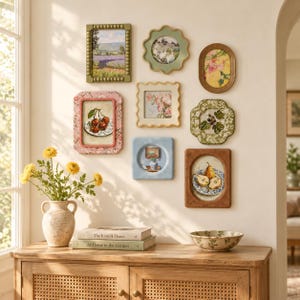 Juego de marcos de pared estilo casa de campo francesa, marcos botánicos de formas variadas, marcos vintage festoneados con cuentas de 4x4 y 5x7 pulgadas, colección de decoración para el hogar.