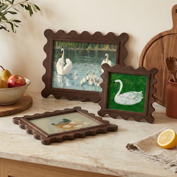 Vintage Wavy Scalloped Walnut Picture Frame Set, Farmhouse Gallery Wall & Tabletop Display, Minimalist Cottagecore Home Decor, 4x4 4x6 5x7