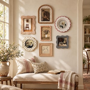 Puede incluir: Una pared de galería con seis marcos de fotos diversos, incluyendo diseños arqueados, festoneados y con cuentas en acabados de madera, blanco y gris, que muestran varias impresiones artísticas sobre un banco tapizado beige con dos cojines estampados.
