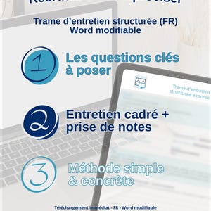 Peut inclure: Visuel numérique avec du texte en français, incluant "Recrutez sans improviser" et "Trame d'entretien structurée". L'image présente un ordinateur portable et une tablette, avec des cercles numérotés soulignant les points clés : questions, entretiens structurés et méthode simple.